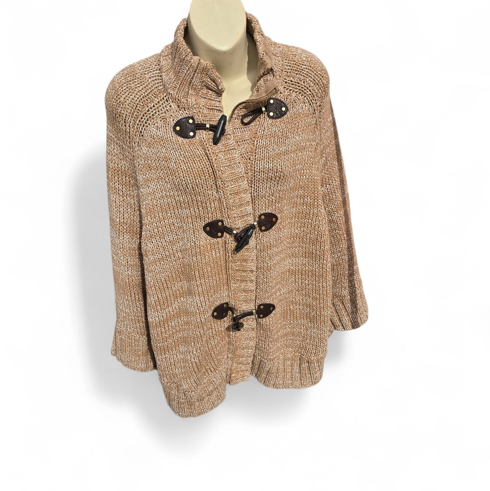 Michael Kors Toggle Front Knit Sweater Cape Poncho Beige Tan Small